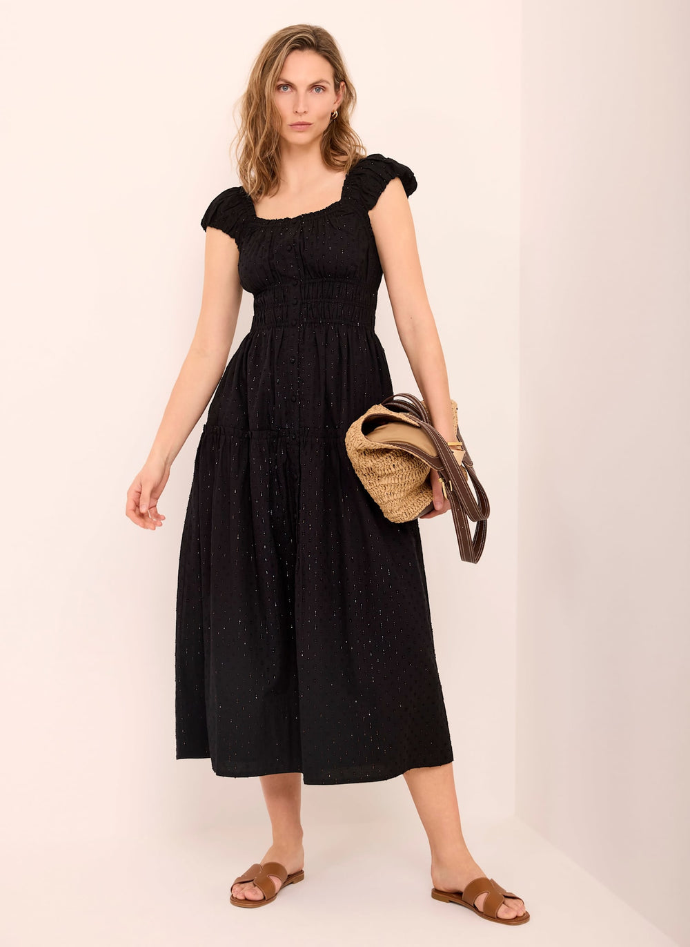 Black Cotton Blend Textured Midi Dress