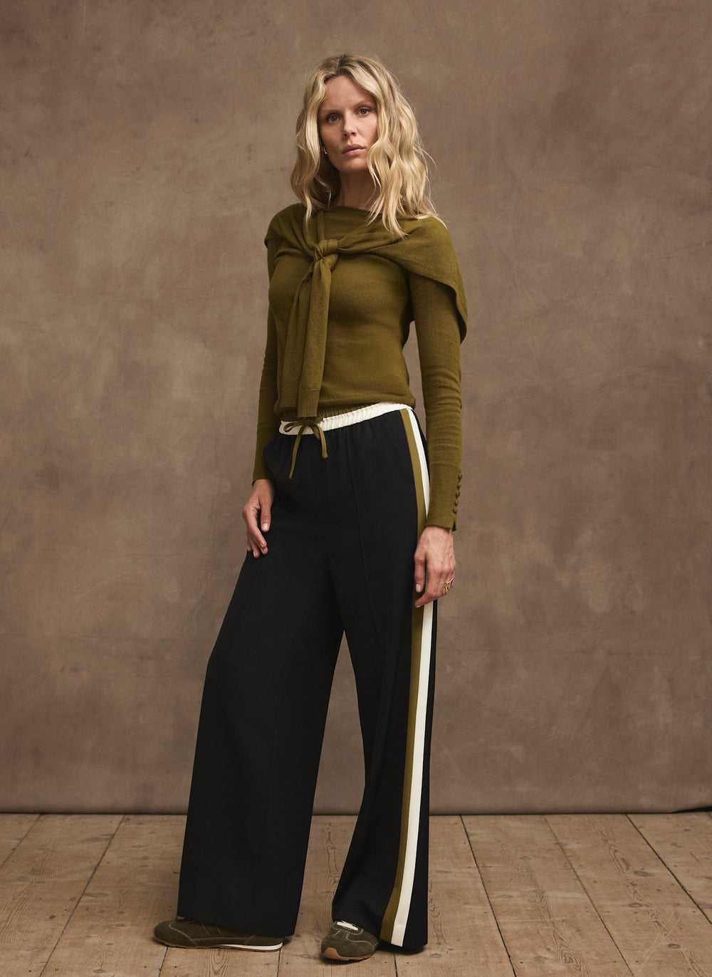 Black Side Stripe Tie Waist Wide Trousers