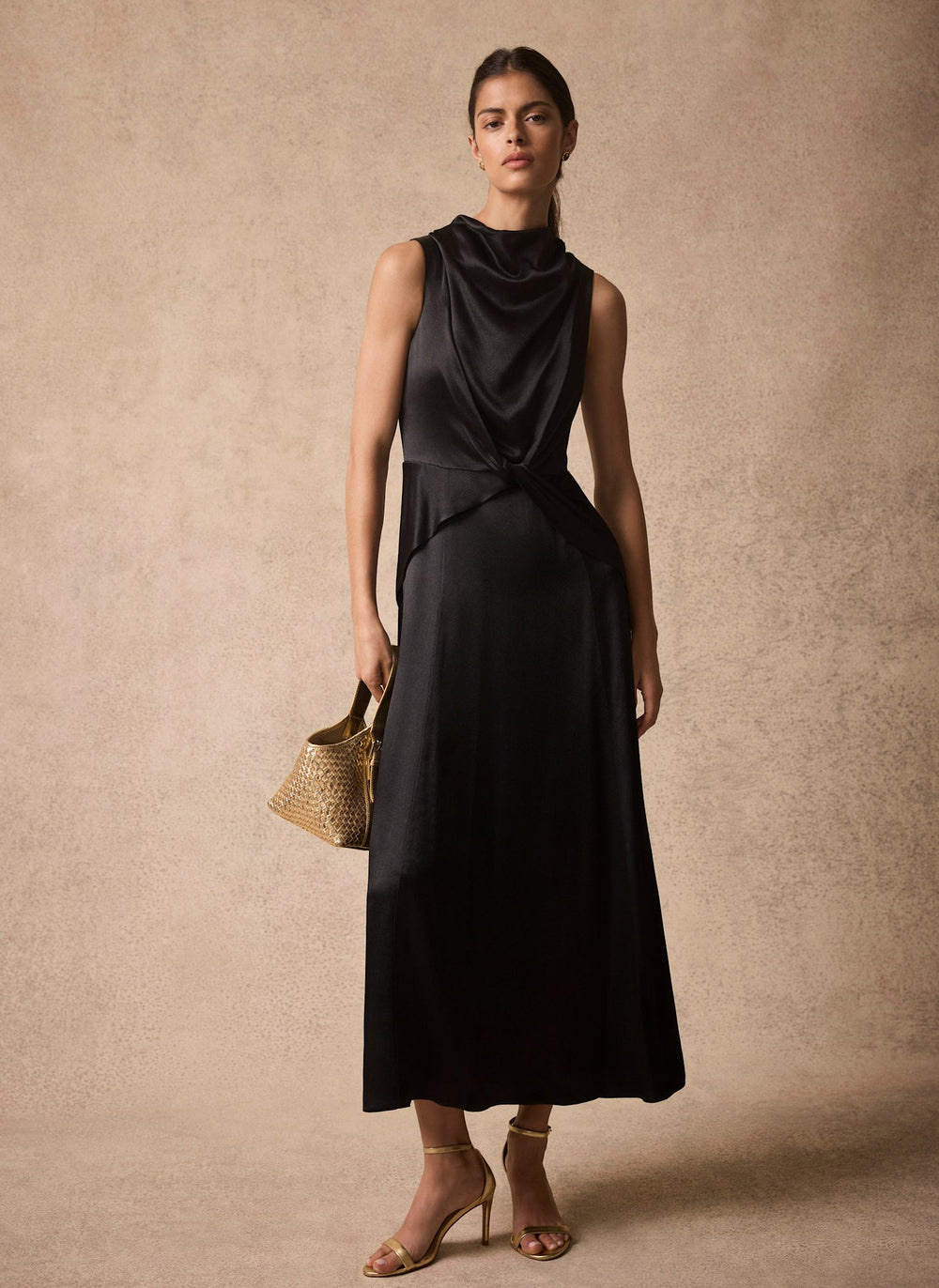 Black Satin Cowl Neck Midi Dress