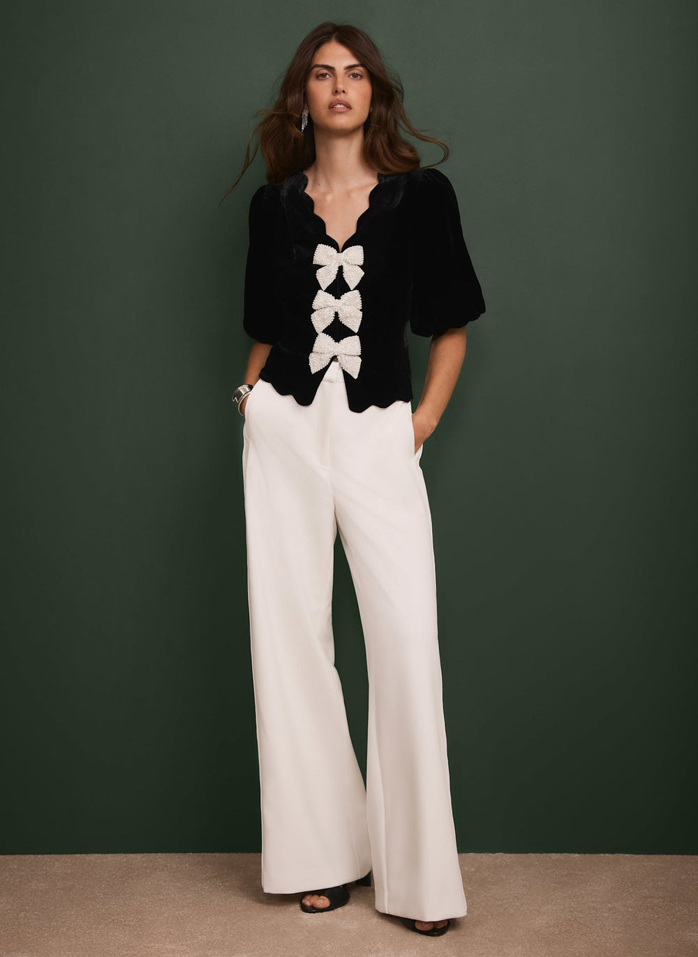 Black Velvet Bow Detail Scallop Trim Top