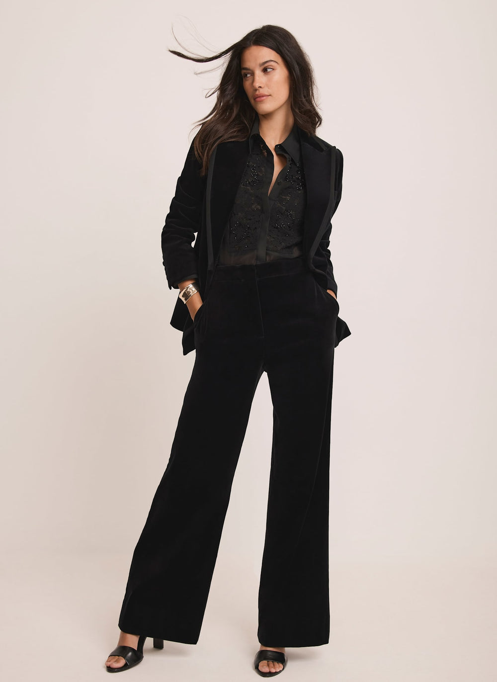 Black Velvet Wide Tailored Trousers