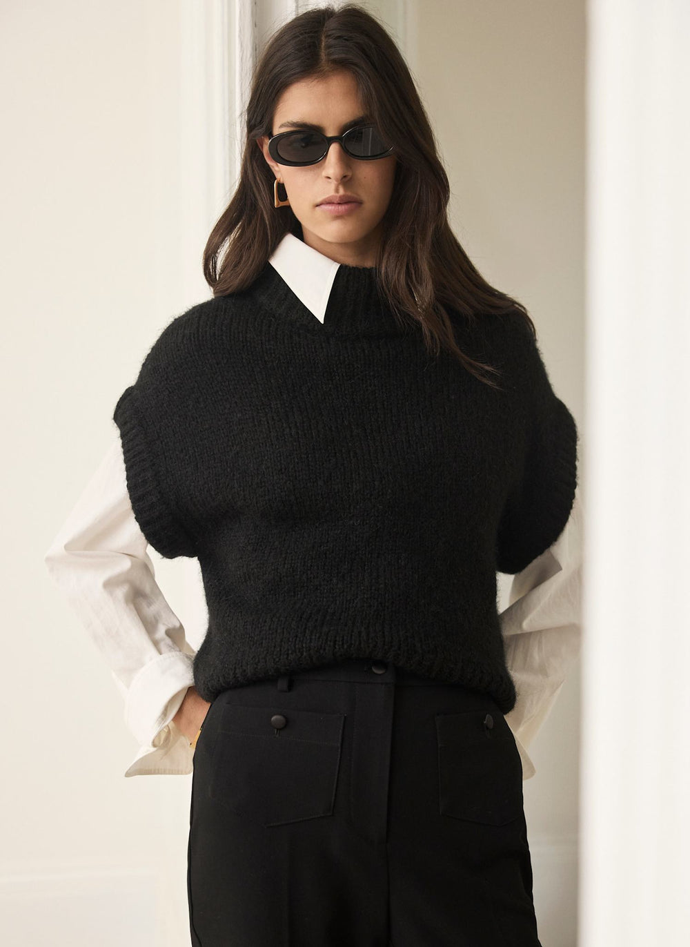 Black Wool Blend High Neck Knit Top