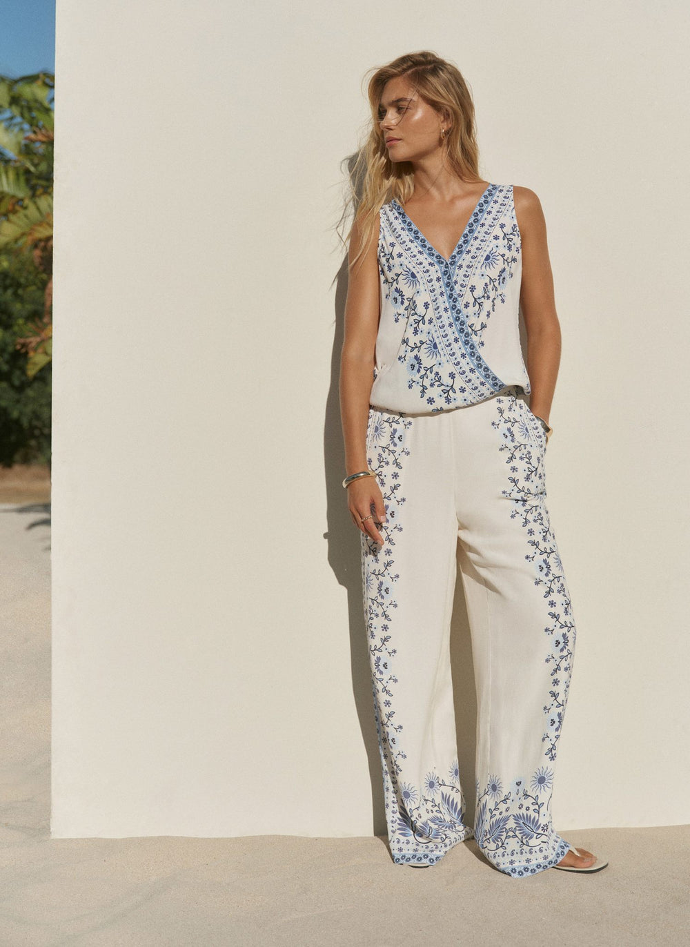Blue Floral Print Wide Leg Trousers