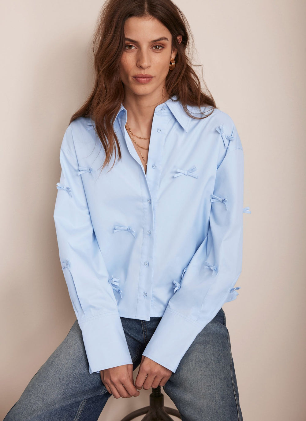 Blue Bow Detail Cropped Shirt