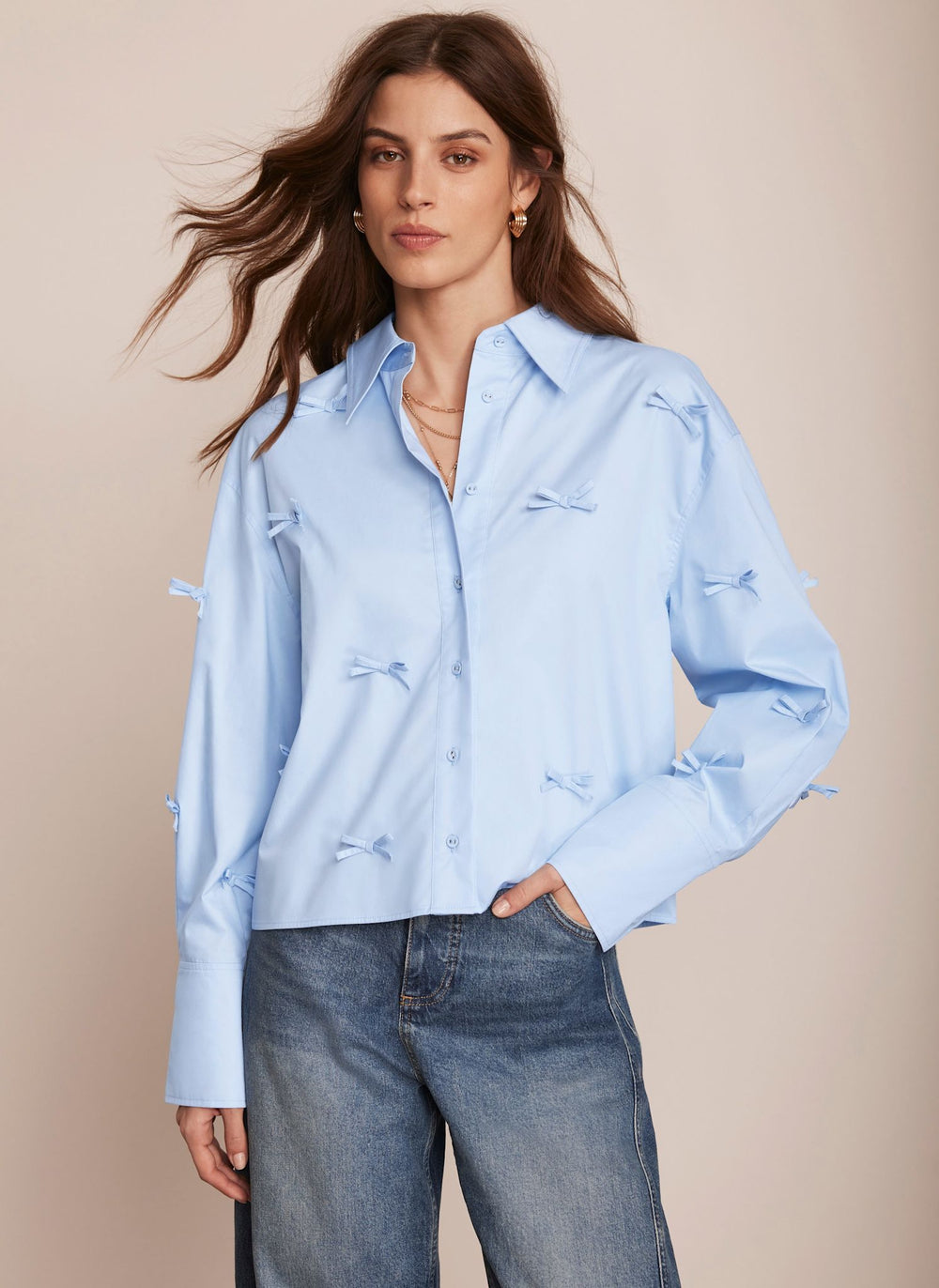 Blue Bow Detail Cropped Shirt