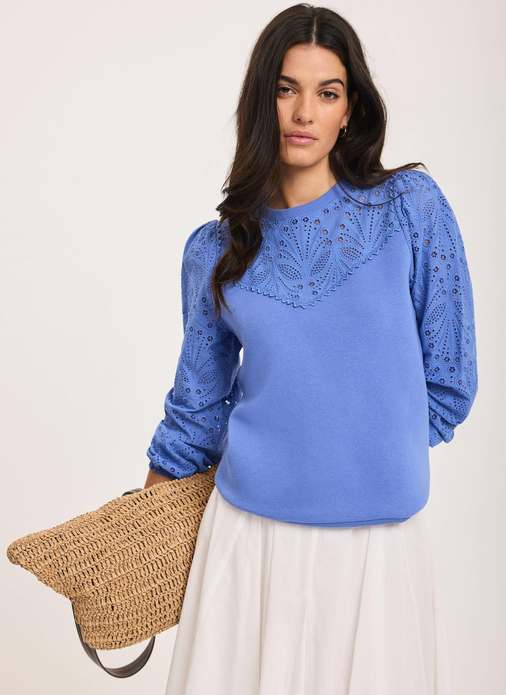 Blue Cotton Blend Broderie Sweatshirt