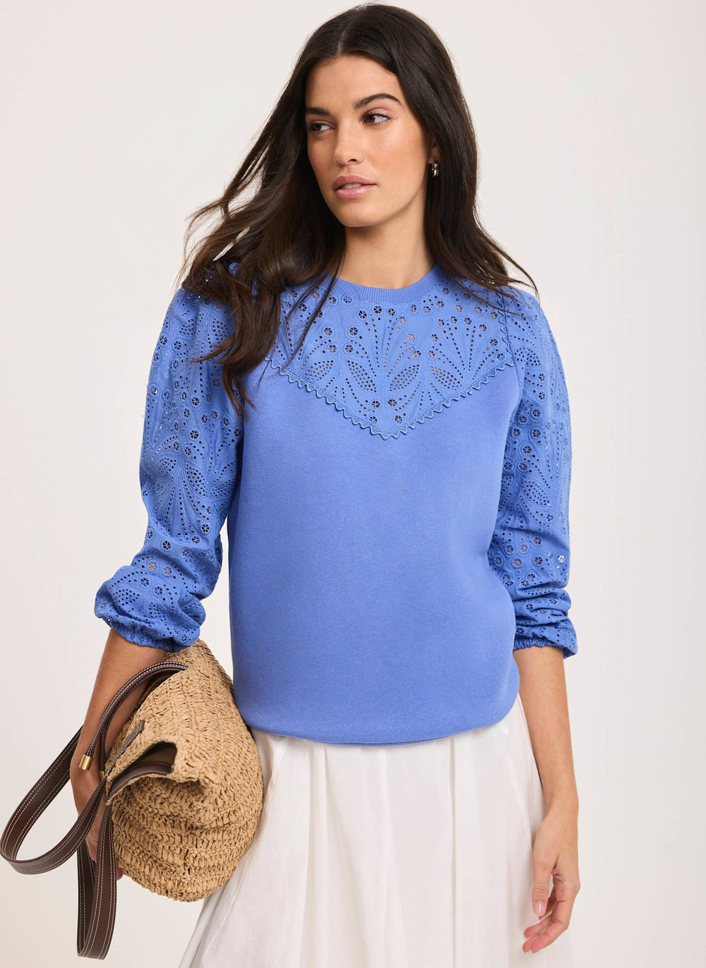 Blue Cotton Blend Broderie Sweatshirt