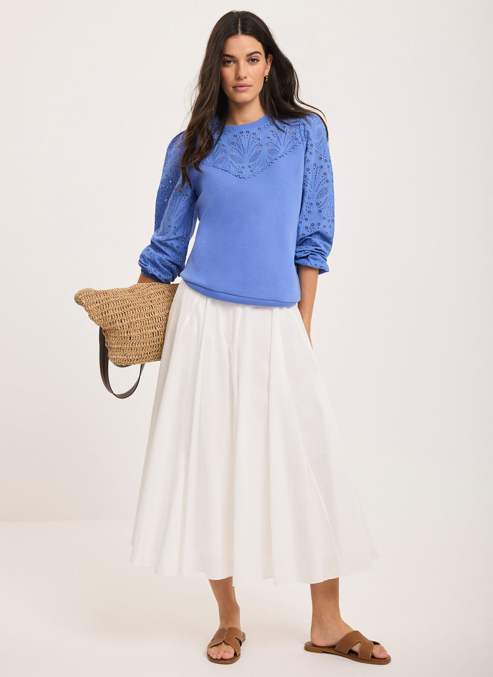 Blue Cotton Blend Broderie Sweatshirt
