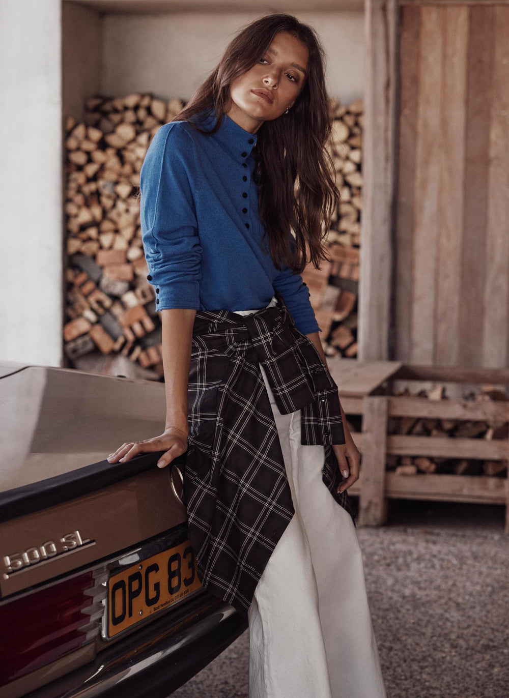 Blue Funnel Neck Knit Top