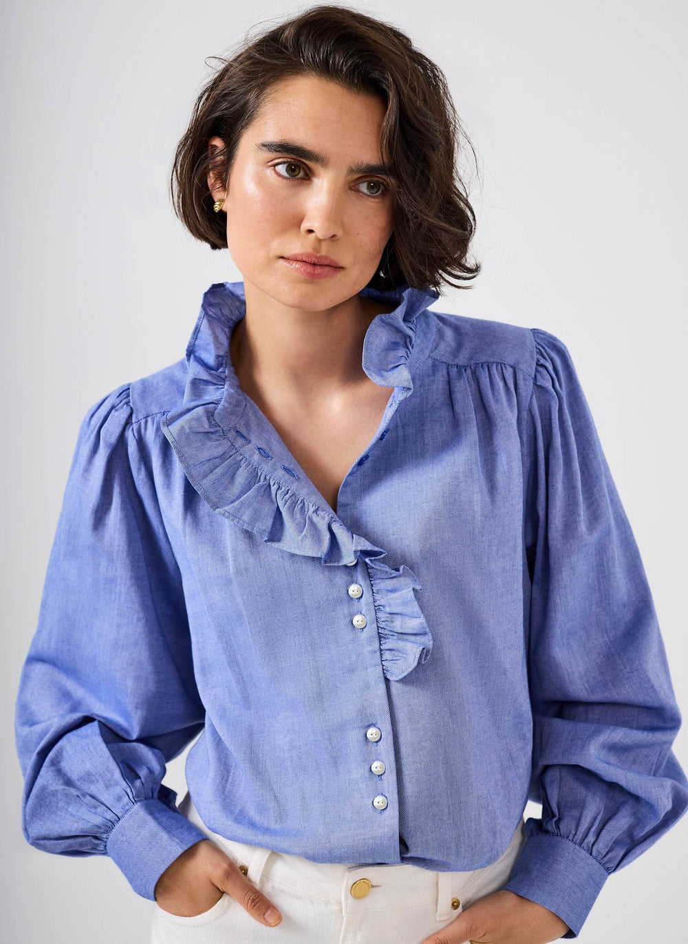 Blue Cotton Chambray Ruffle Blouse