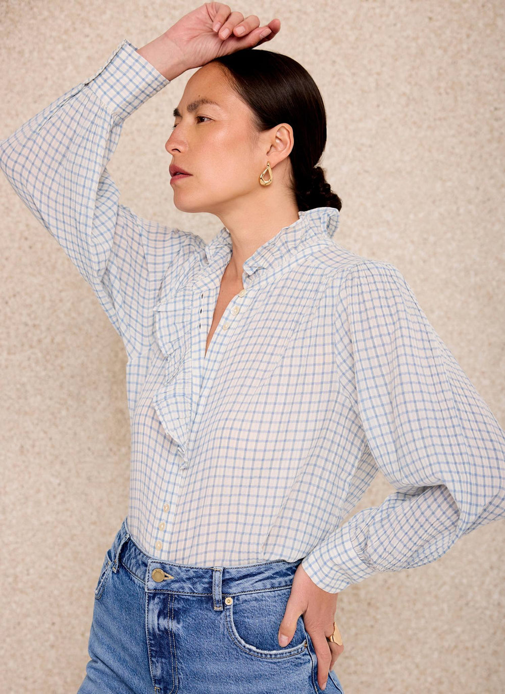 Blue Cotton Checked Blouse