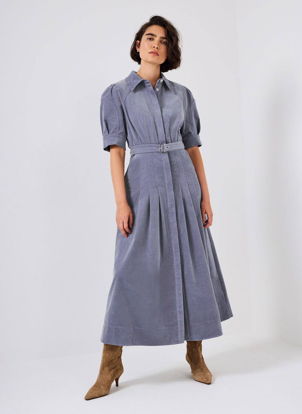 Blue Corduroy Belted Midi Dress