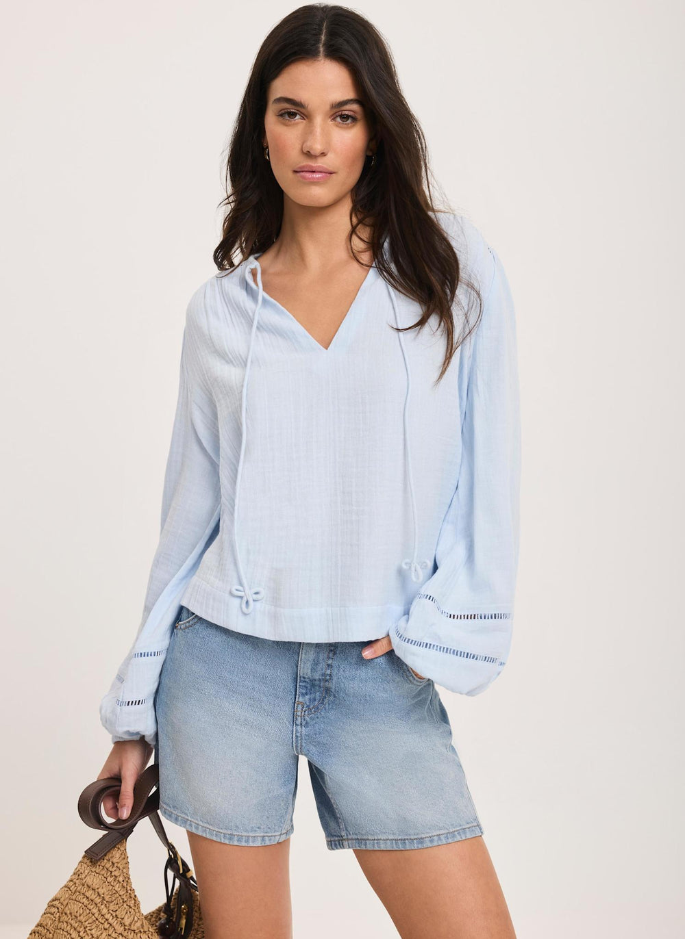 Blue Cotton Cheesecloth Open Stitch Blouse