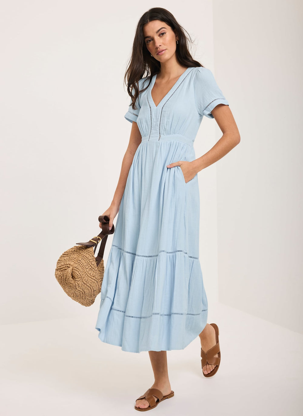 Blue Cotton Cheesecloth Midi Dress