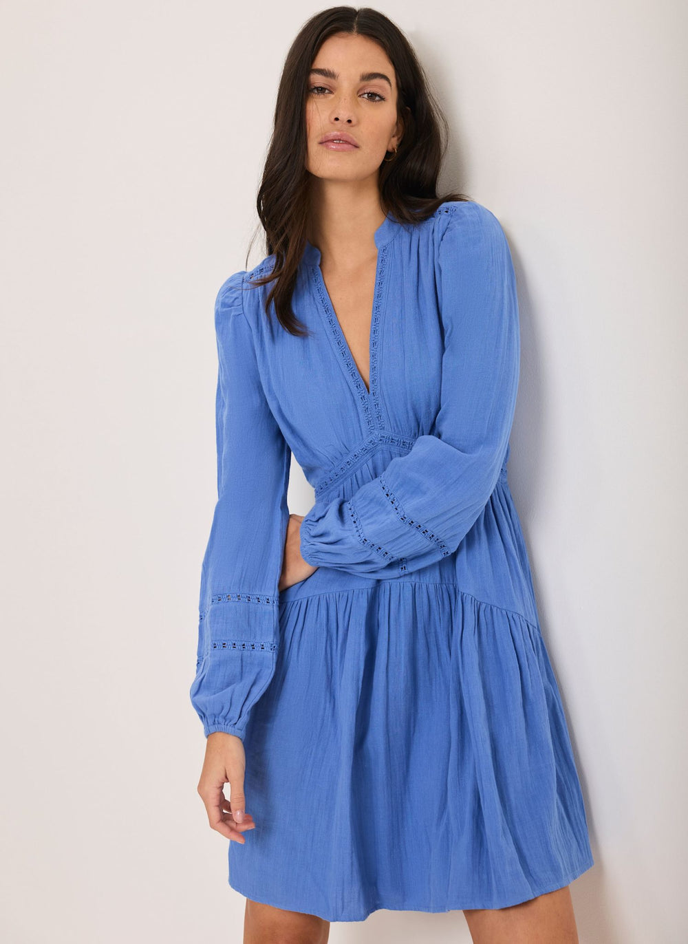 Blue Cotton Cheesecloth Mini Dress