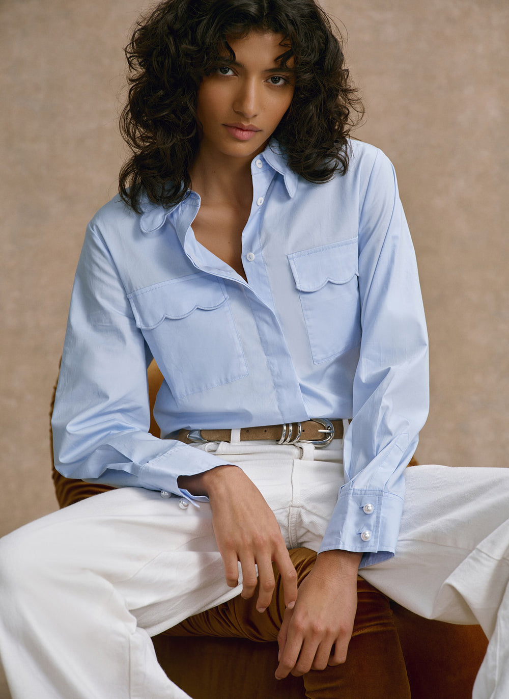 Blue Cotton Scallop Detail Shirt