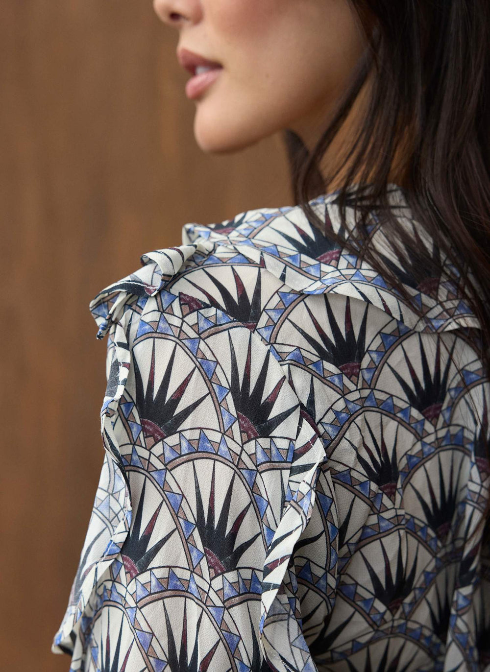 Blue Geo Print Ruffle Blouse