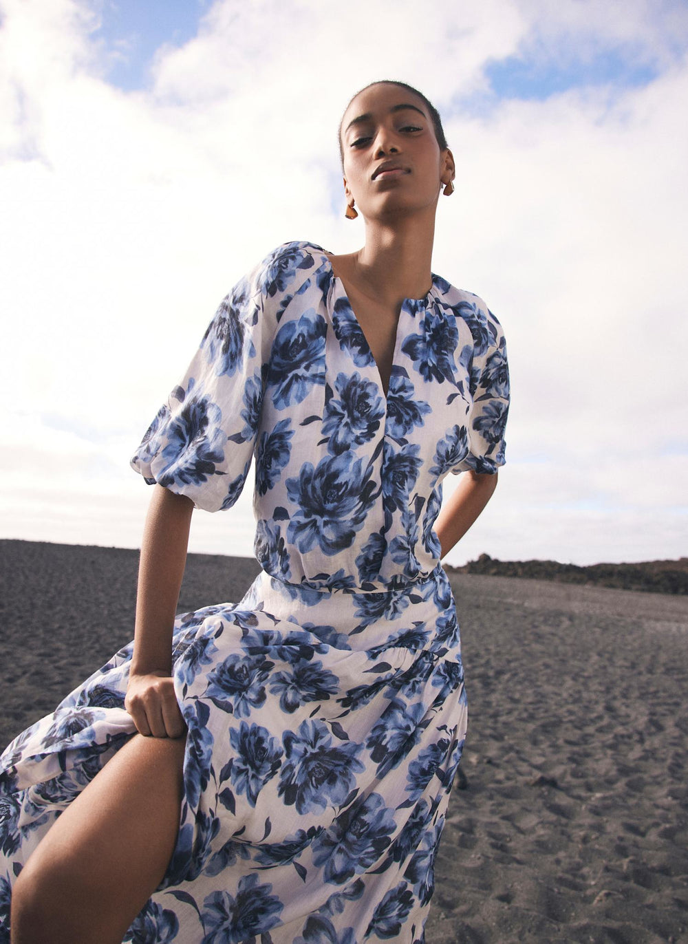 Blue Floral Print Midi Skirt