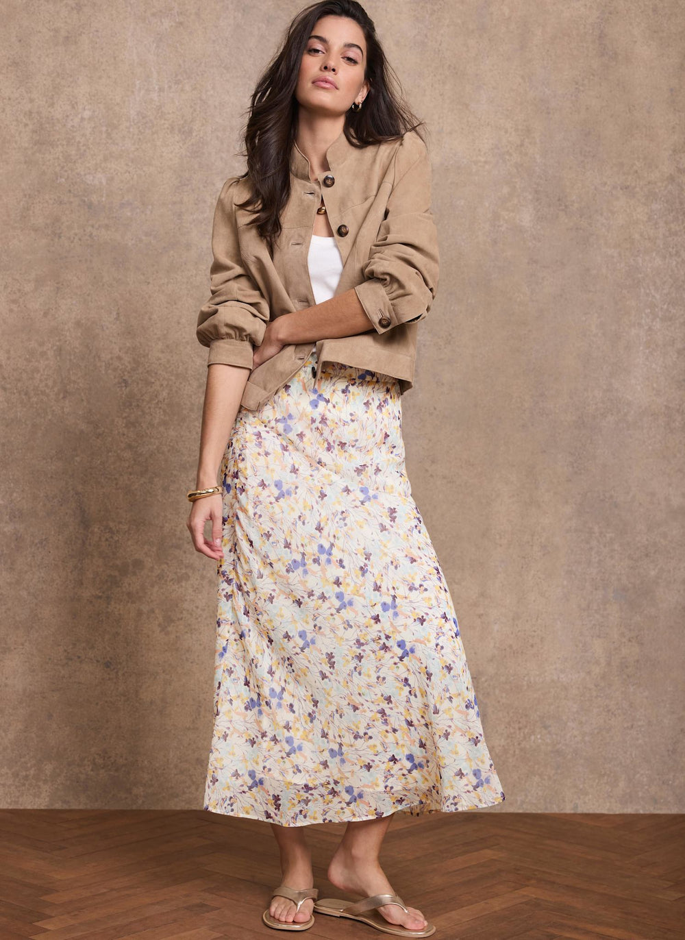 Pale Blue Floral Print Midi Skirt