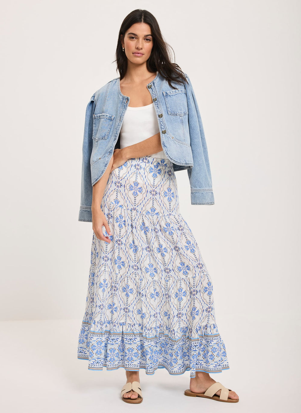 Blue Floral Print Maxi Skirt