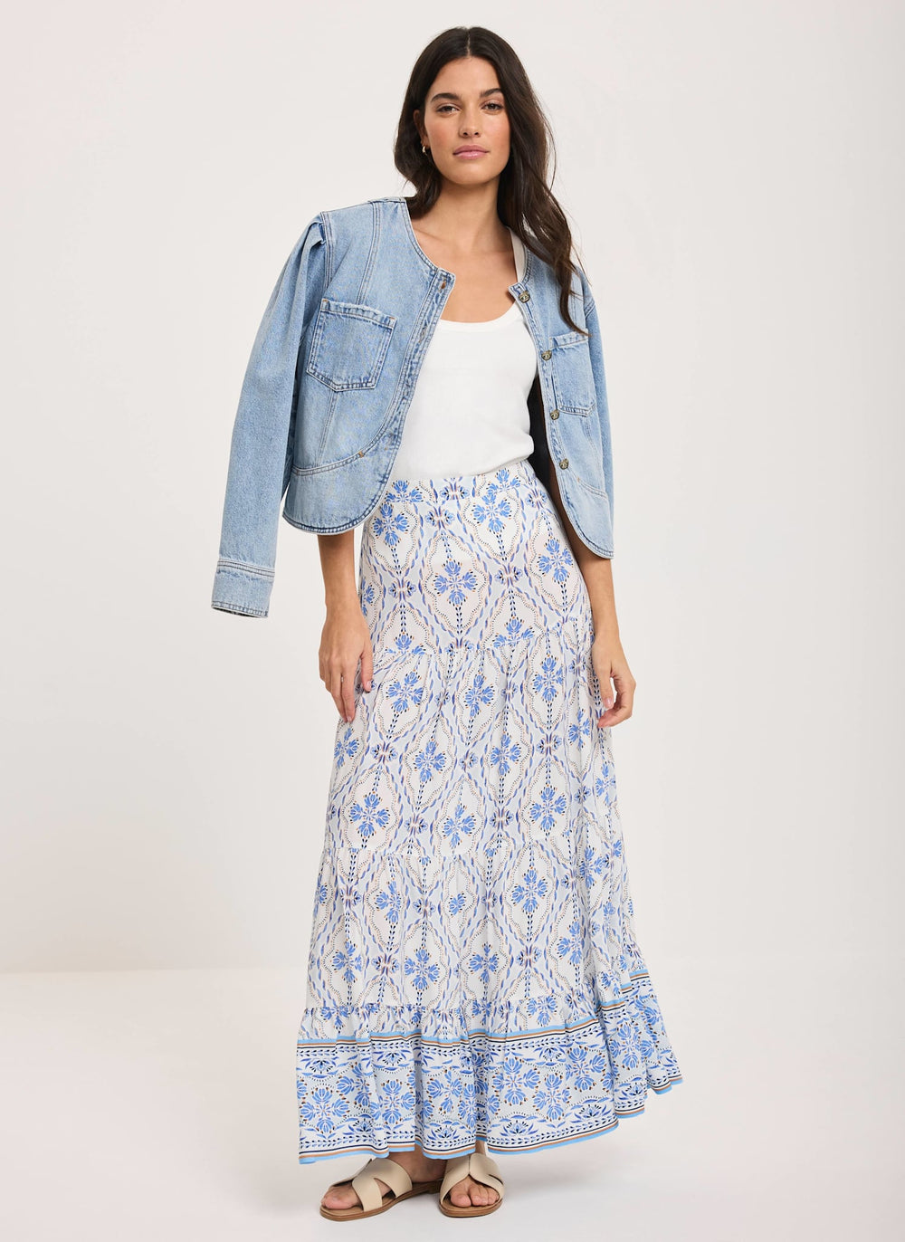Blue Floral Print Maxi Skirt