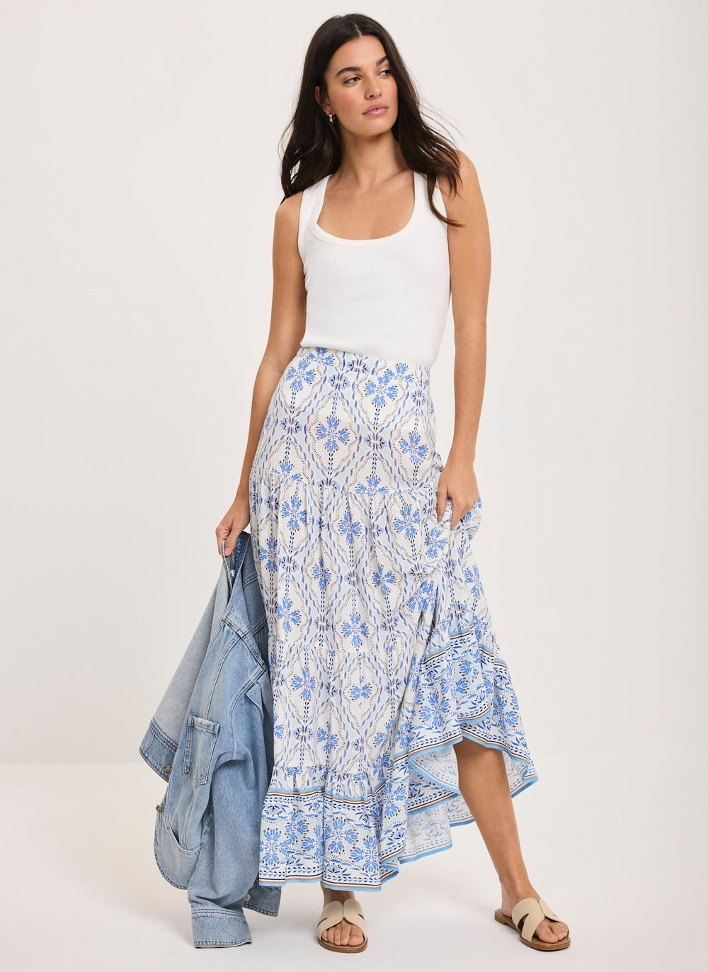 Blue Floral Print Maxi Skirt