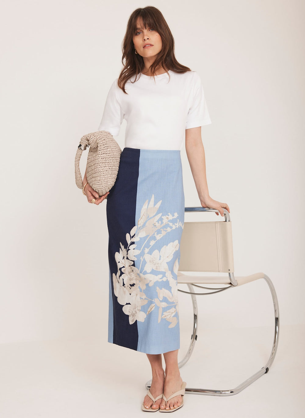 Blue Floral Print Pencil Skirt