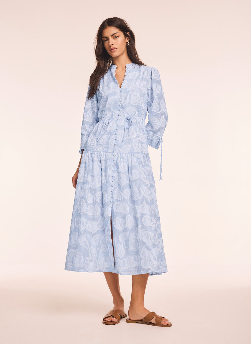 Blue Cotton Floral Shirt Midi Dress