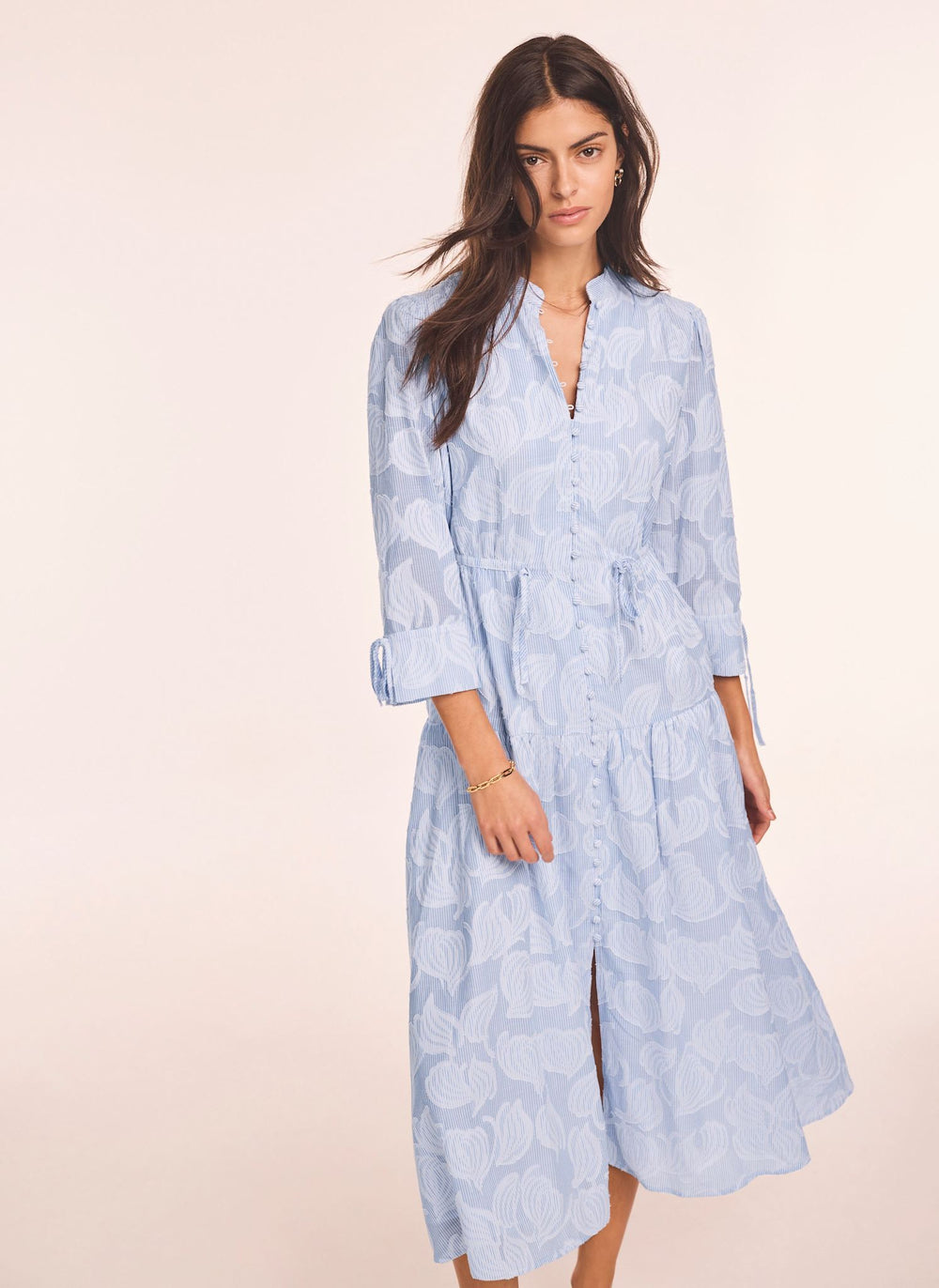 Blue Cotton Floral Shirt Midi Dress