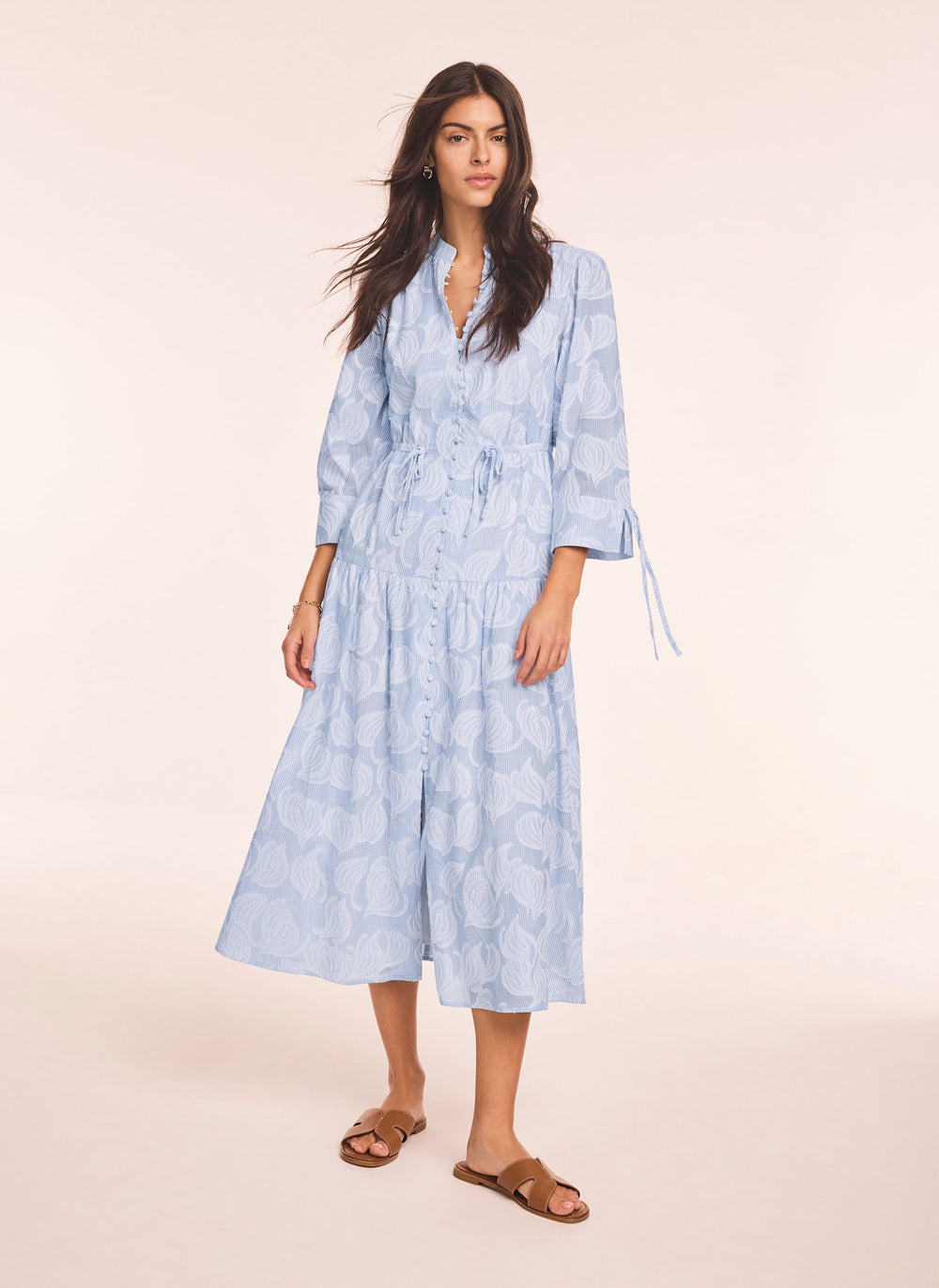 Blue Cotton Floral Shirt Midi Dress