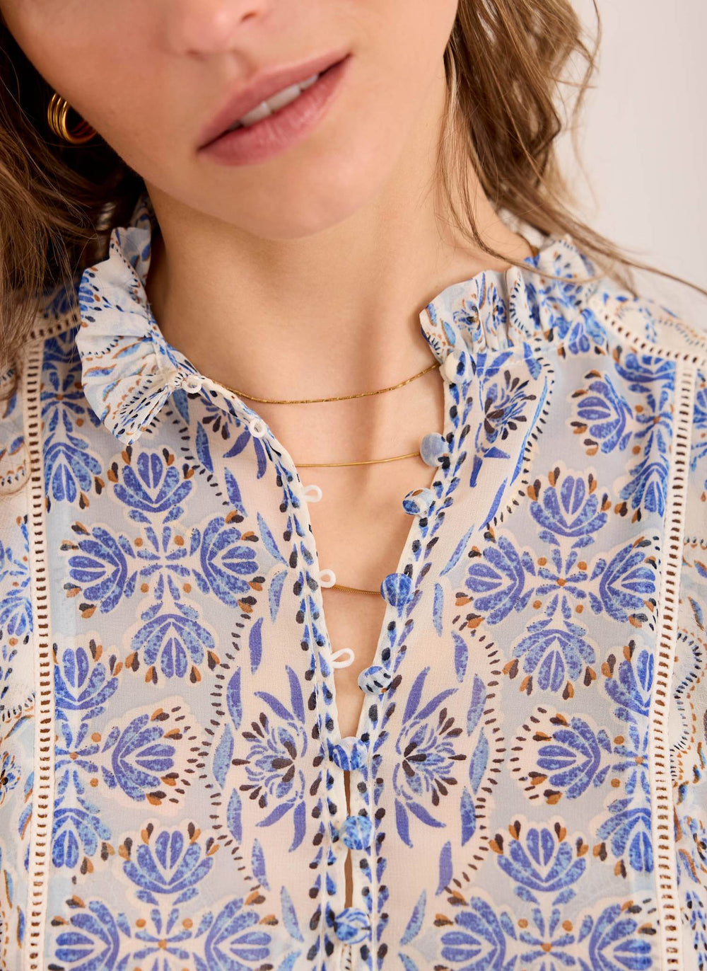 Blue Geo Print Ruffle Blouse
