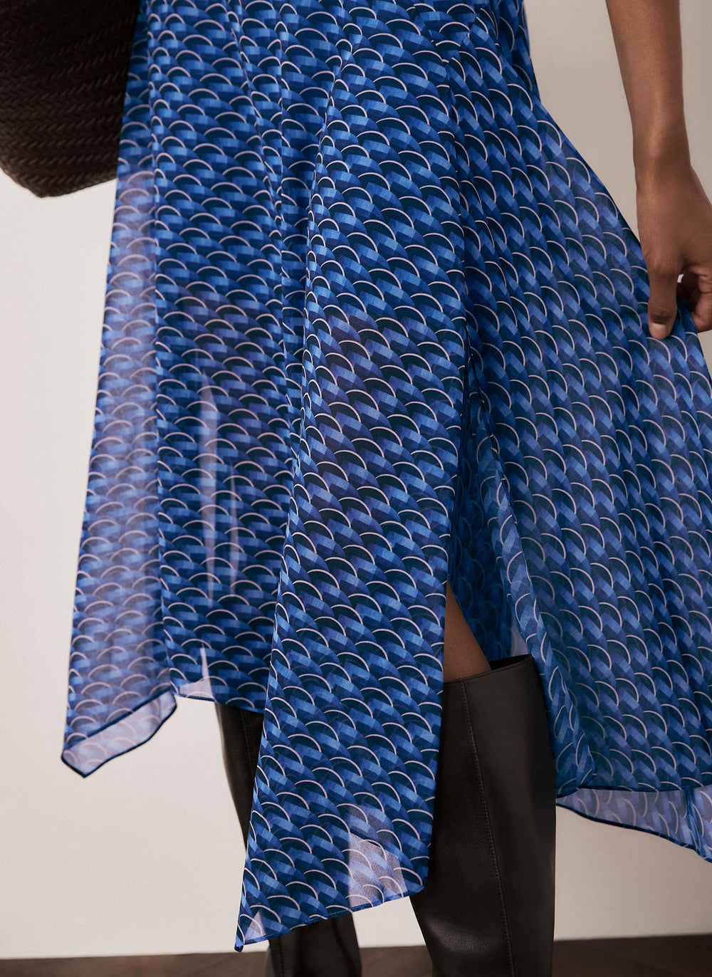 Blue Geometric Print Hanky Hem Midi Dress