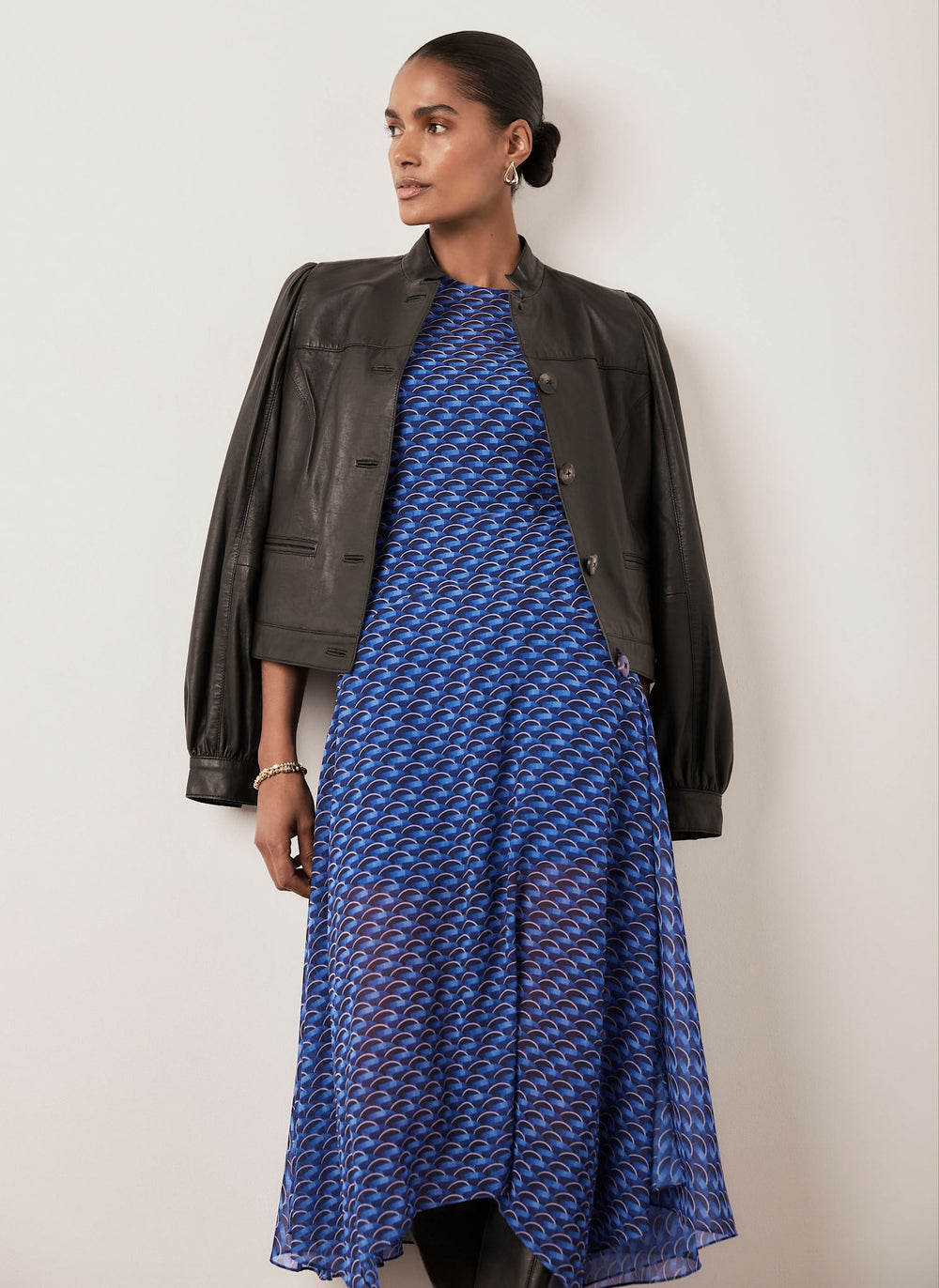 Blue Geometric Print Hanky Hem Midi Dress