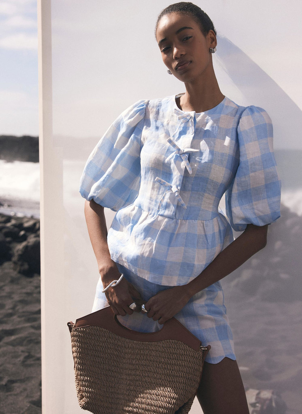 Blue Gingham Linen Top