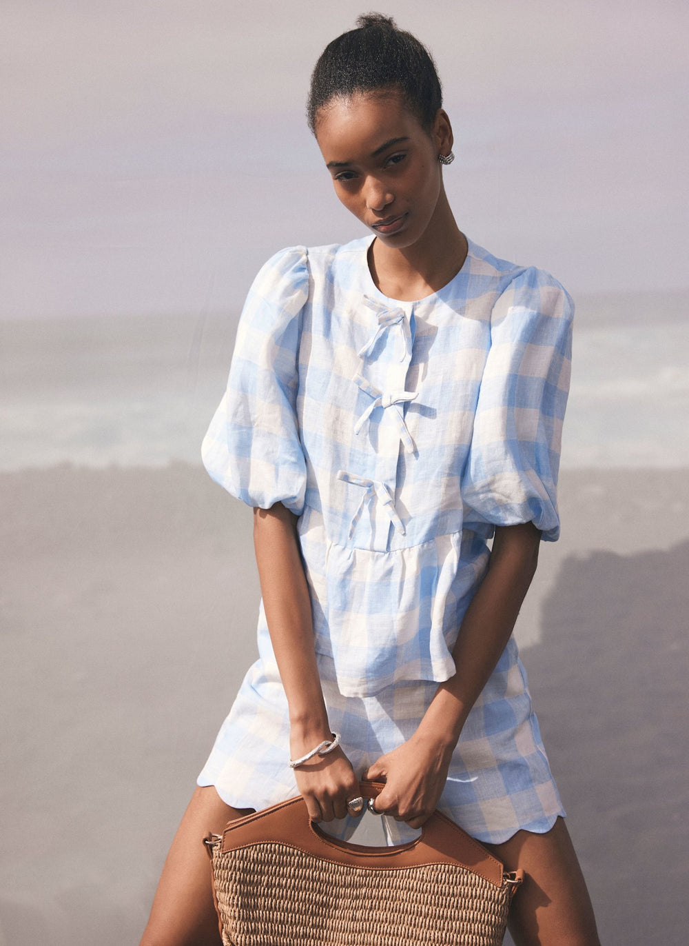 Blue Gingham Linen Top