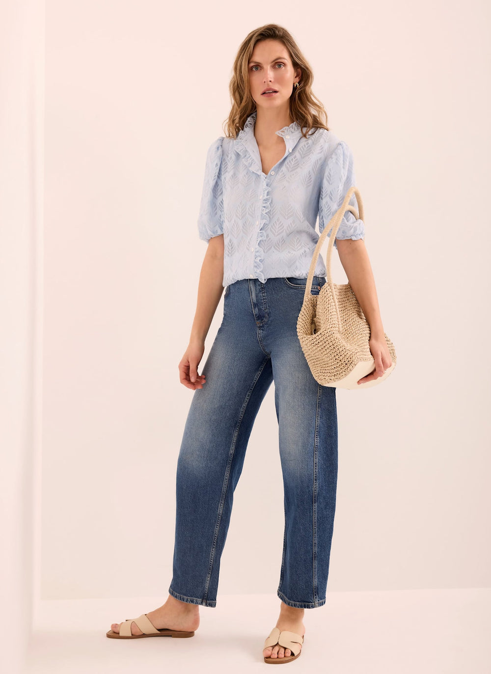 Blue Jacquard Ruffle Blouse