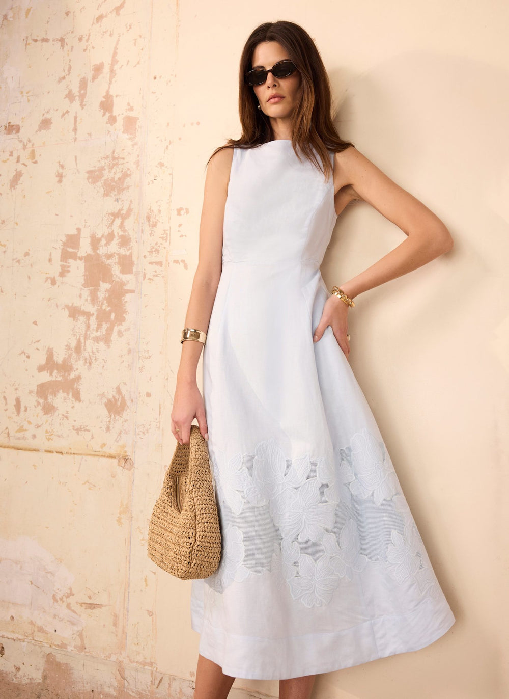 Blue Linen Blend Lace Midi Dress