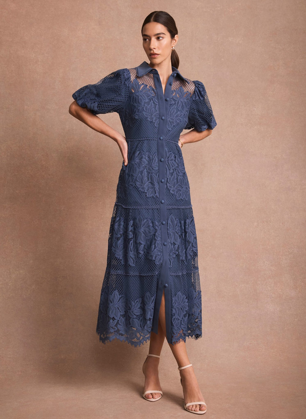 Blue Lace Midi Shirt Dress