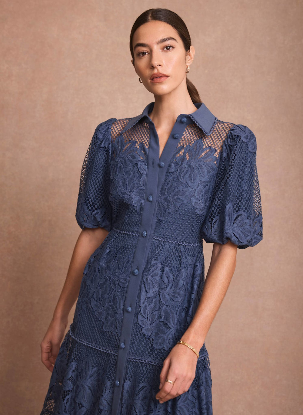Blue Lace Midi Shirt Dress