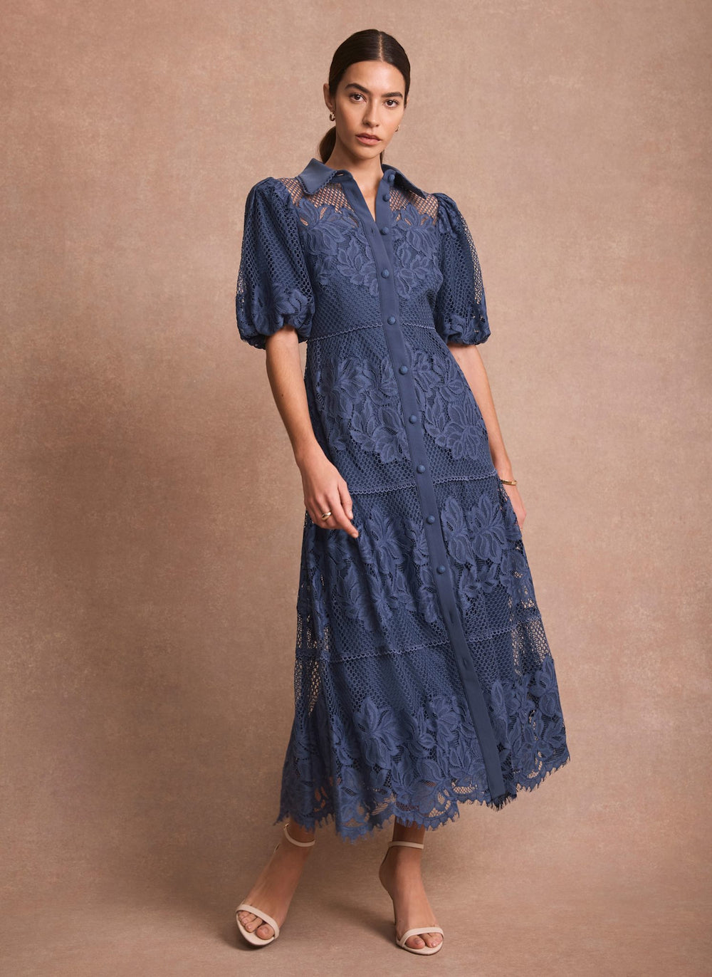 Blue Lace Midi Shirt Dress