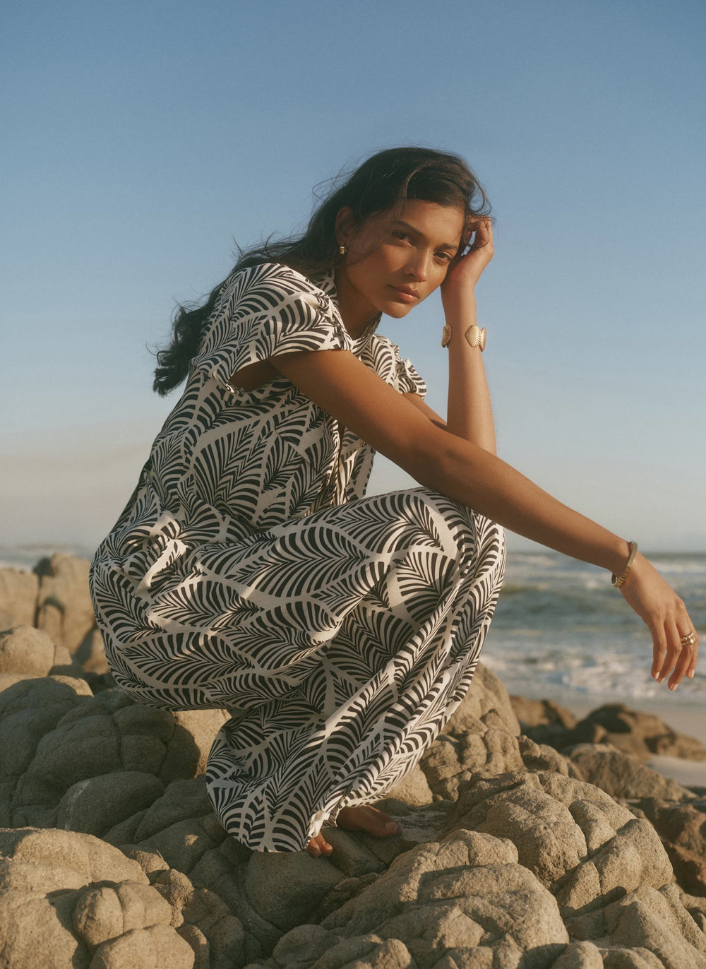 Navy Leaf Print Wide Leg Trousers