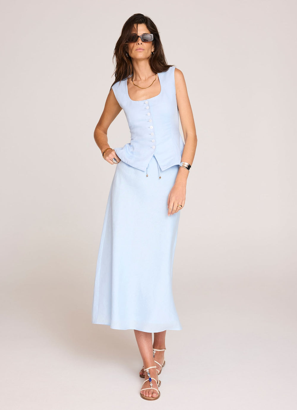Pale Blue Linen Bias Midi Skirt