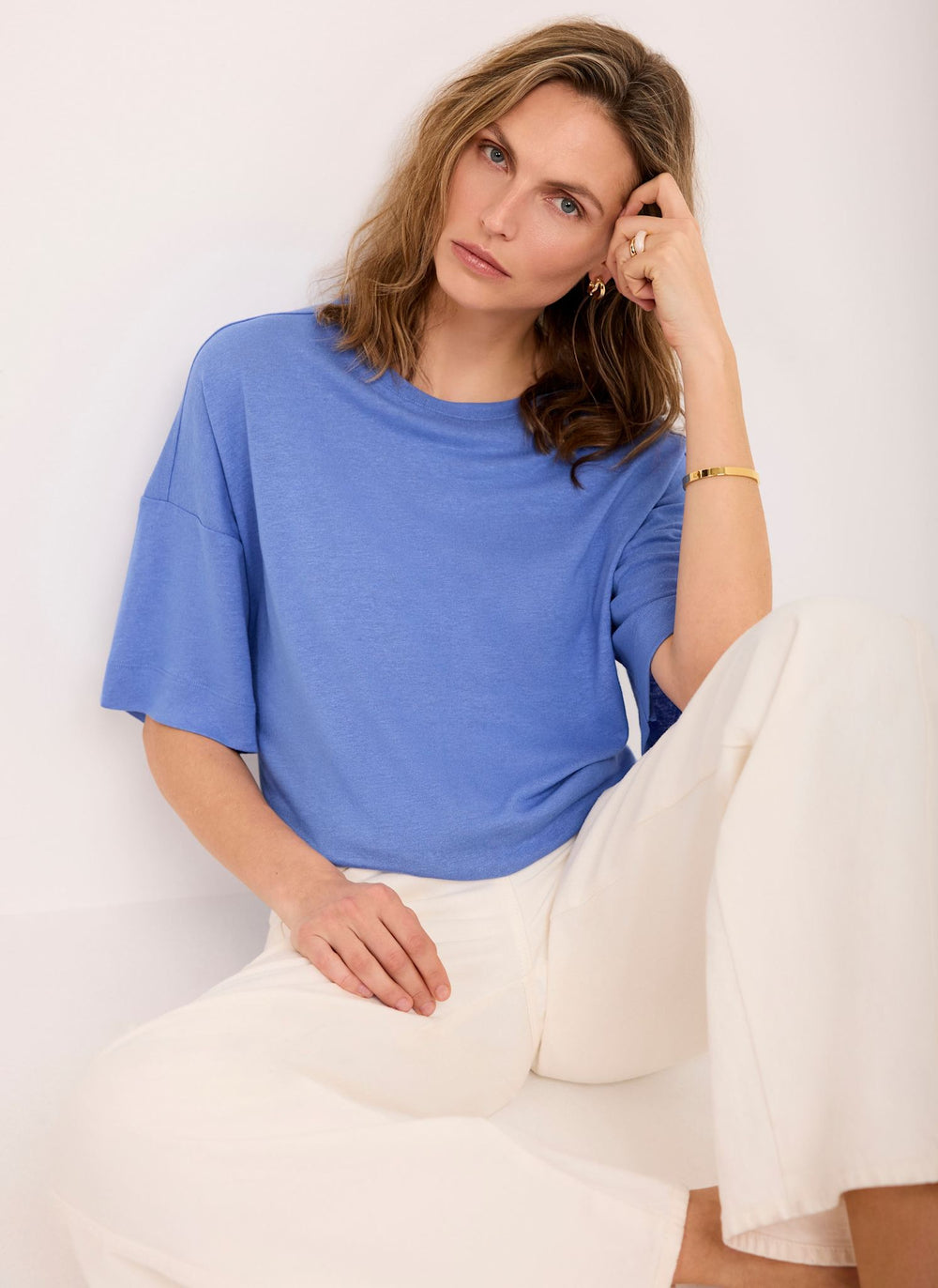 Blue Linen Blend Boxy T-Shirt