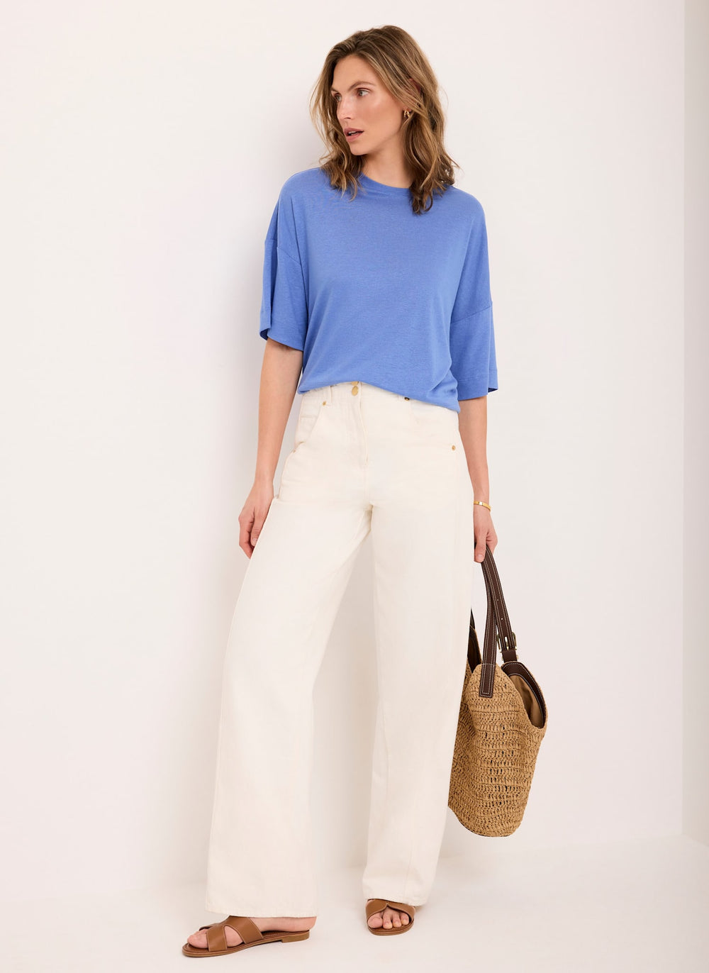 Blue Linen Blend Boxy T-Shirt