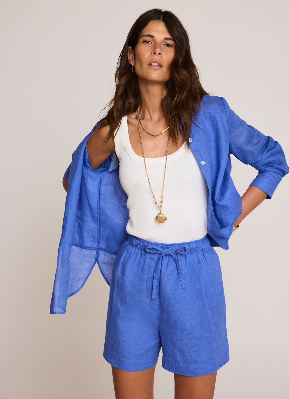 Blue Linen Drawstring Shorts