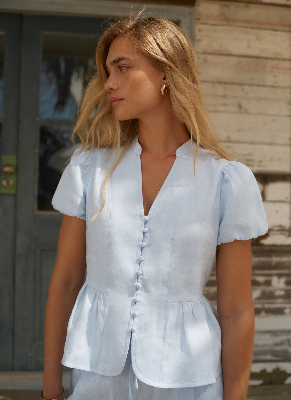 Blue Linen Peplum Top