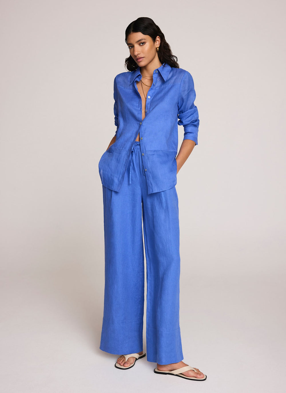 Blue Linen Drawstring Wide Leg Trousers
