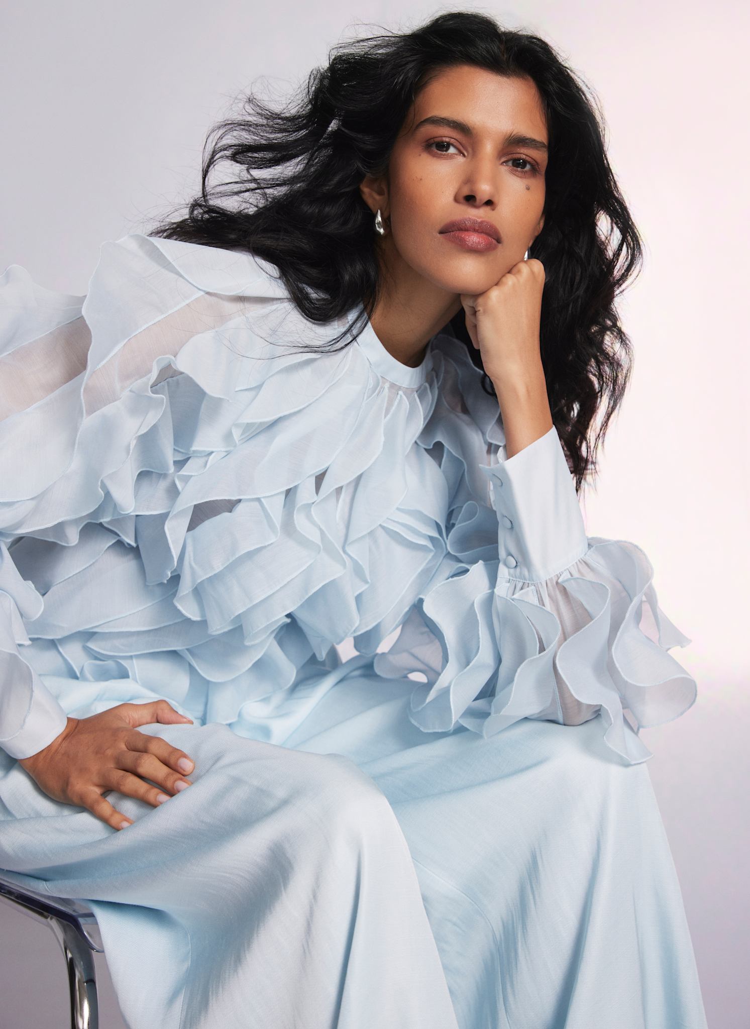 Buttoned Shirt Mint Velvet Ladies Tops Blue Organza Ruffle Blouse