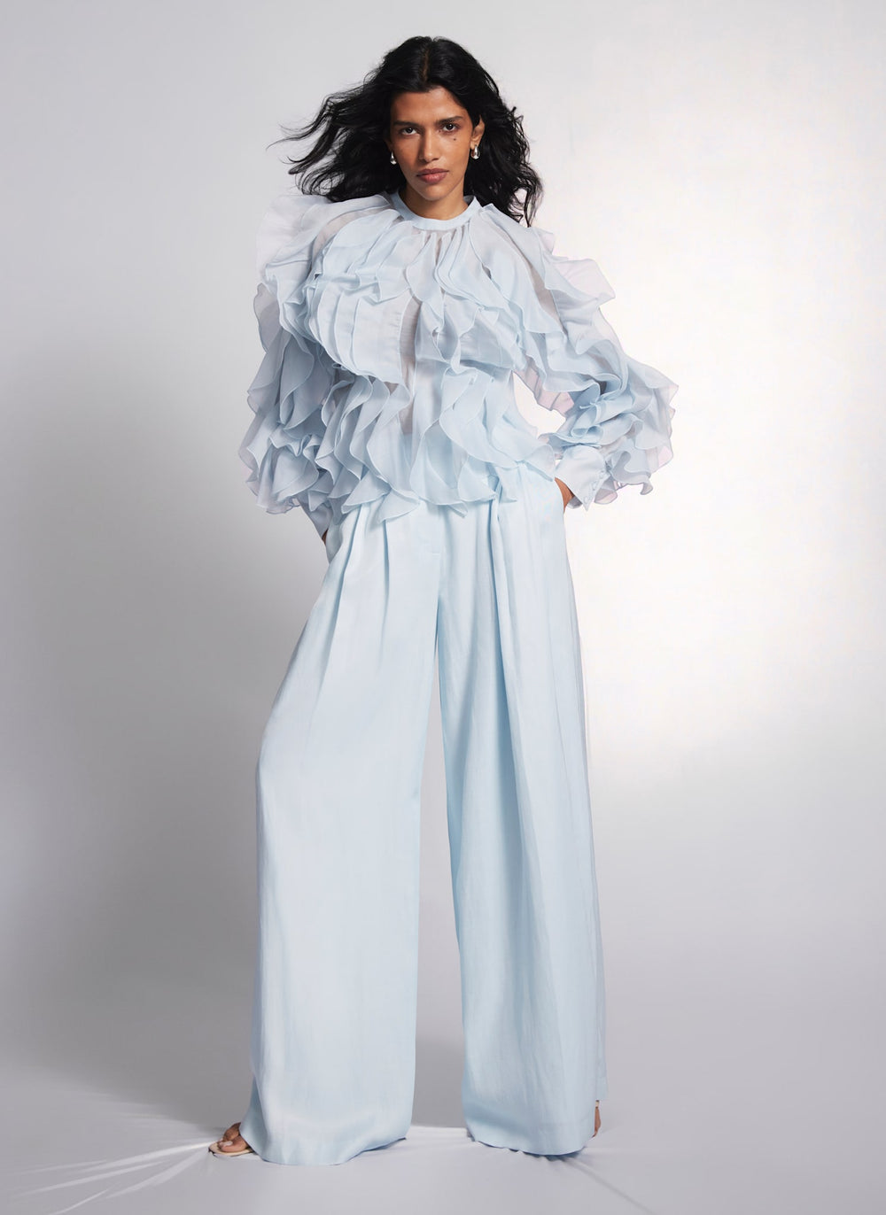 Blue Organza Ruffle Blouse
