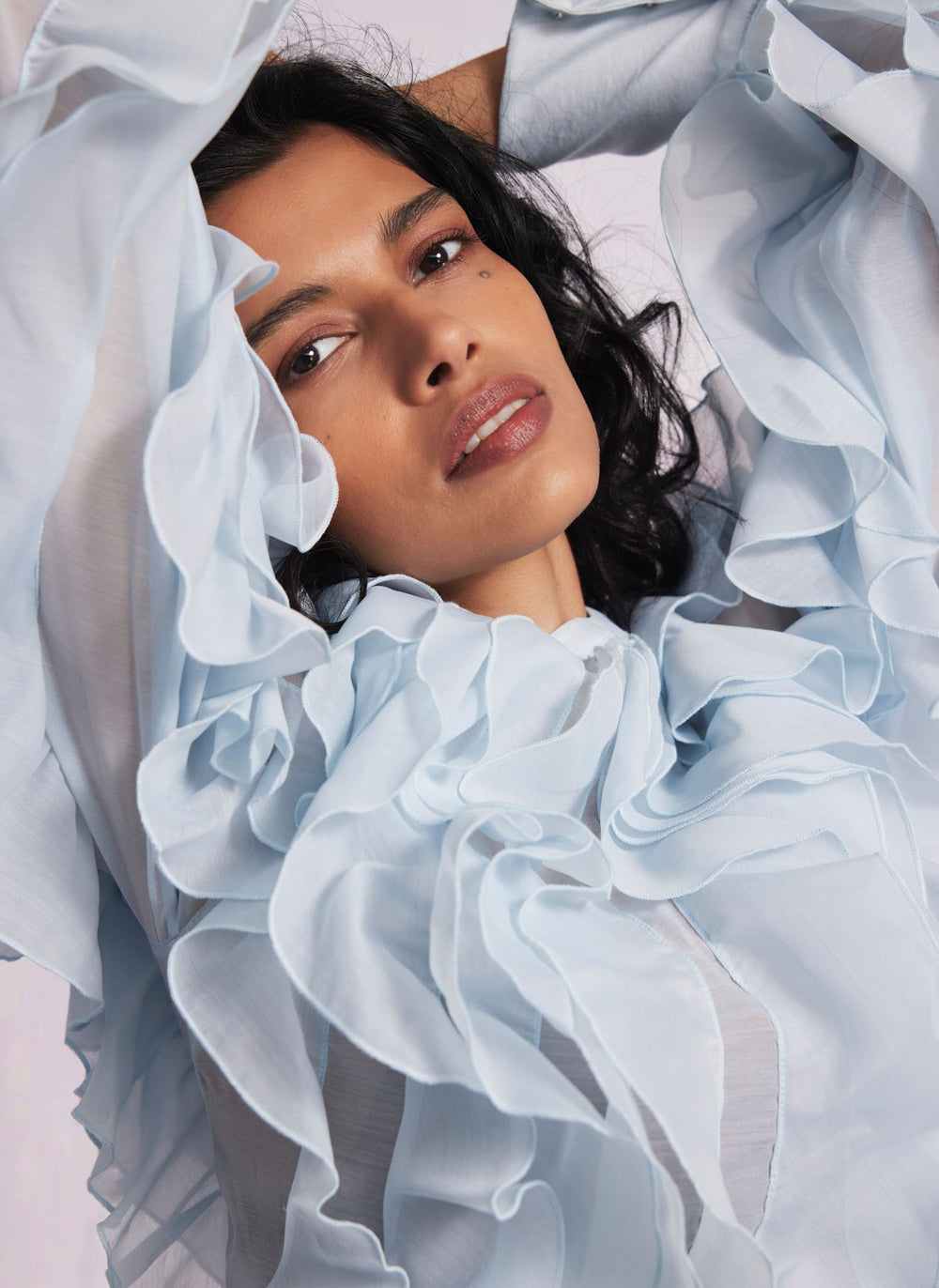 Blue Organza Ruffle Blouse